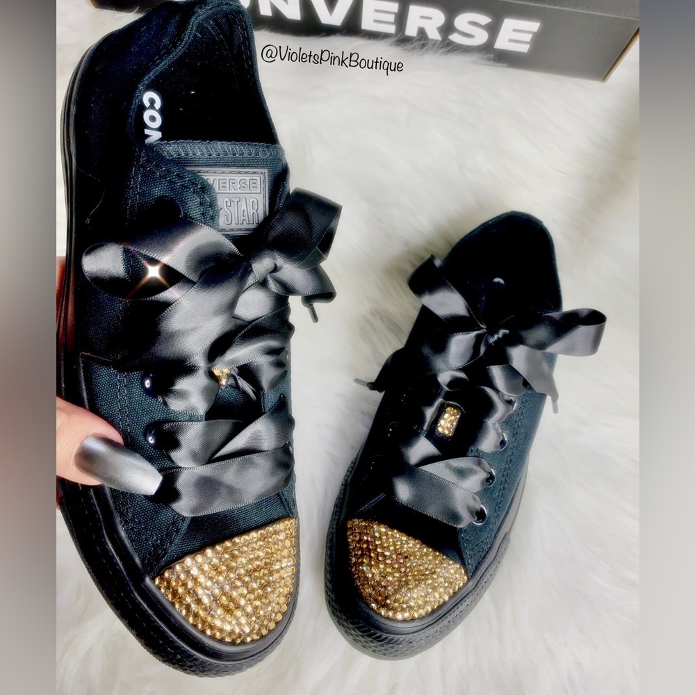 Womens Swarovski Bling Converse Black Converse With Gold Crystals